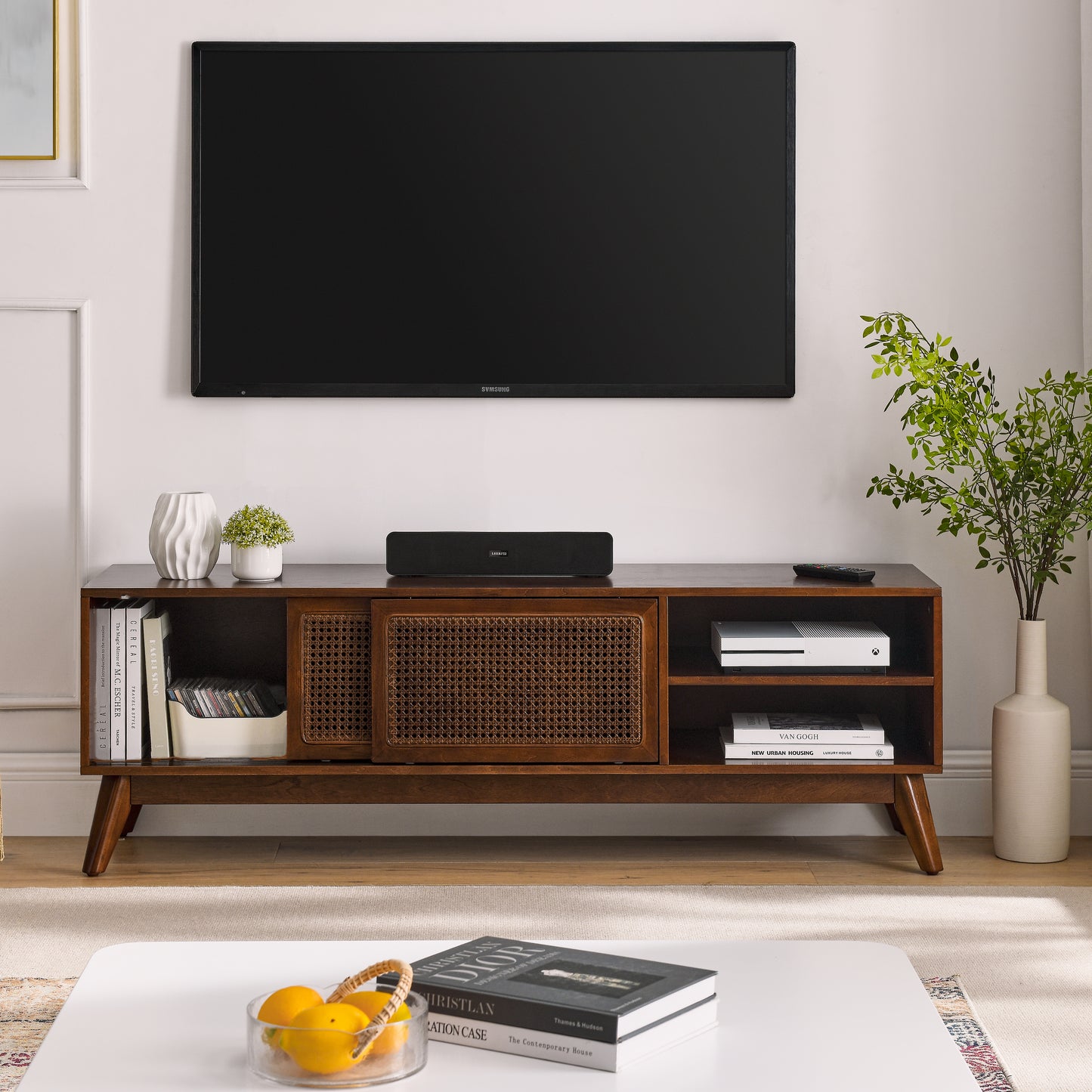 59 Inch Mid Century Modern Rattan TV Stand for 65 Inch TV - Walnut