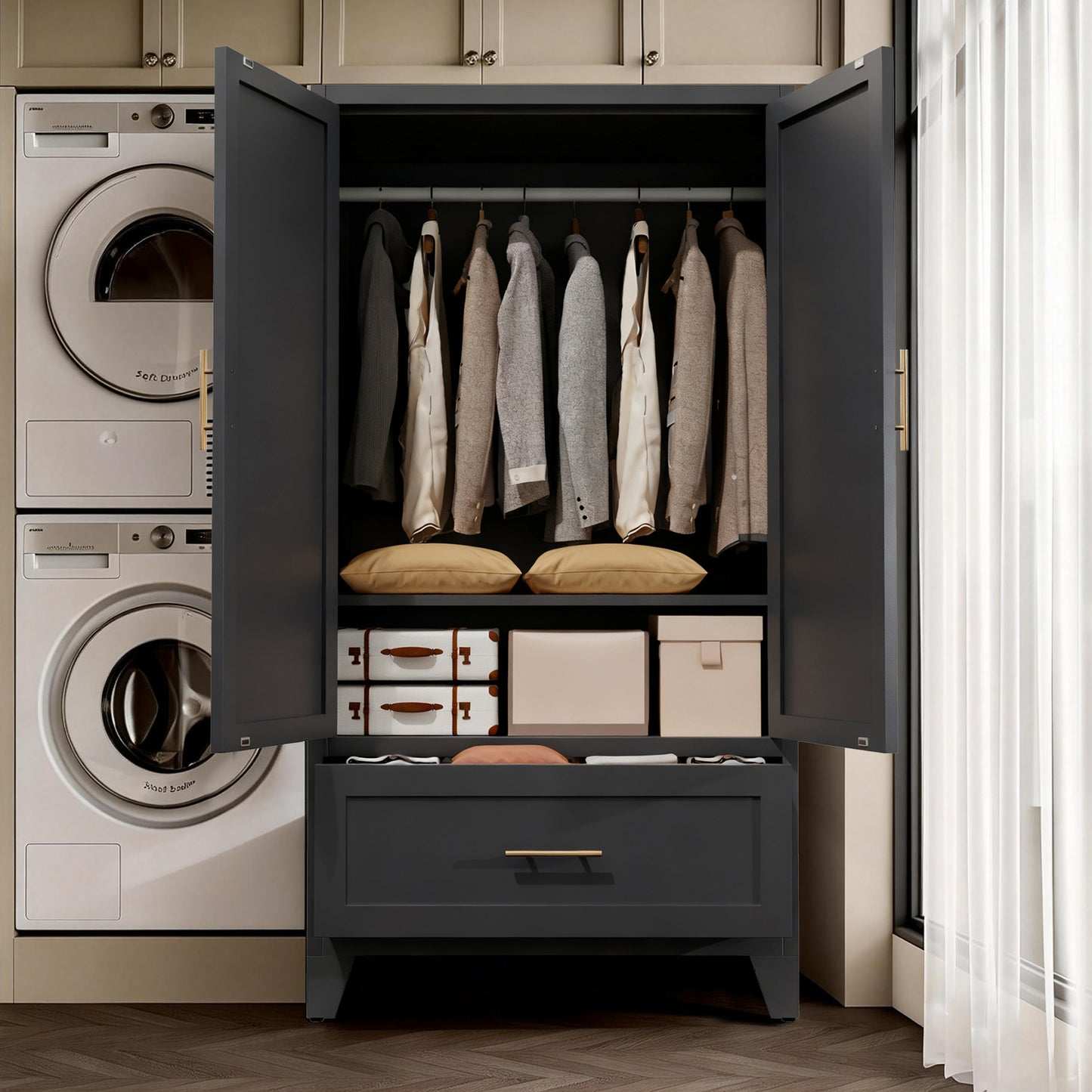 60" Tall Metal Wardrobe Cabinet with Drawer & Hanging Rod - Black
