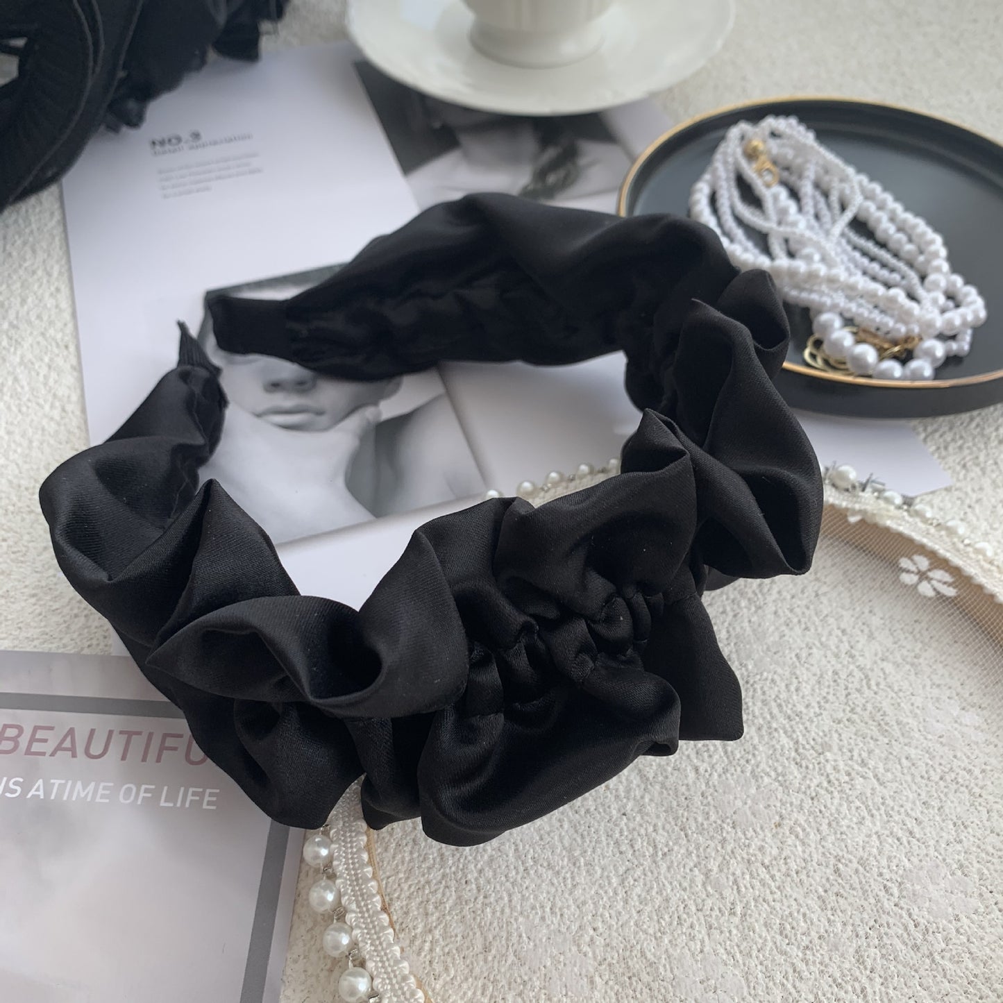 Black Rhinestone Hair Hoop - Exaggerated Wooden Ear Headdress for Hair Styling