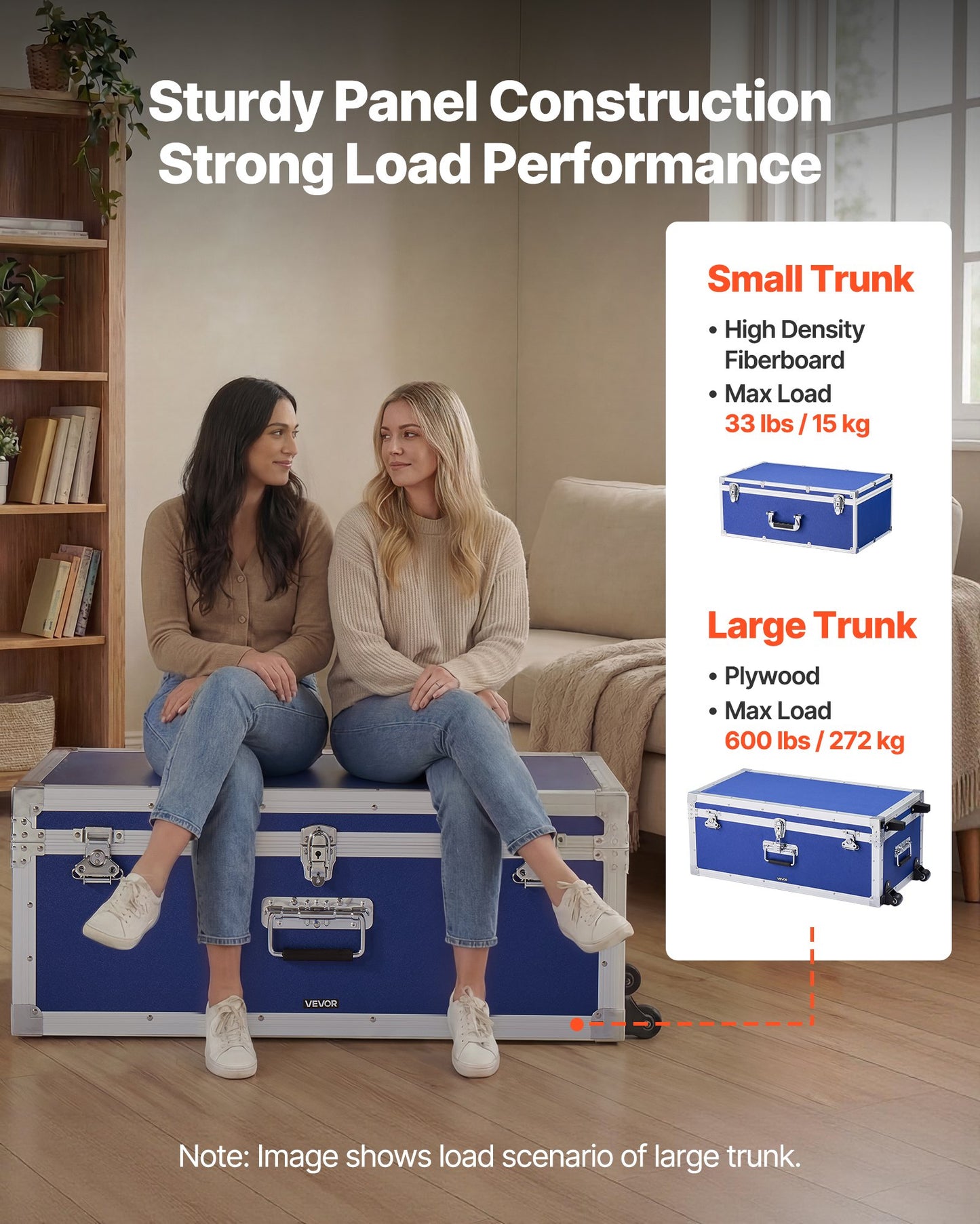 Large Metal Storage Trunk Set of 2 with Casters & Locks, Wooden Suitcase Storage Boxes for Home & Travel, Blue