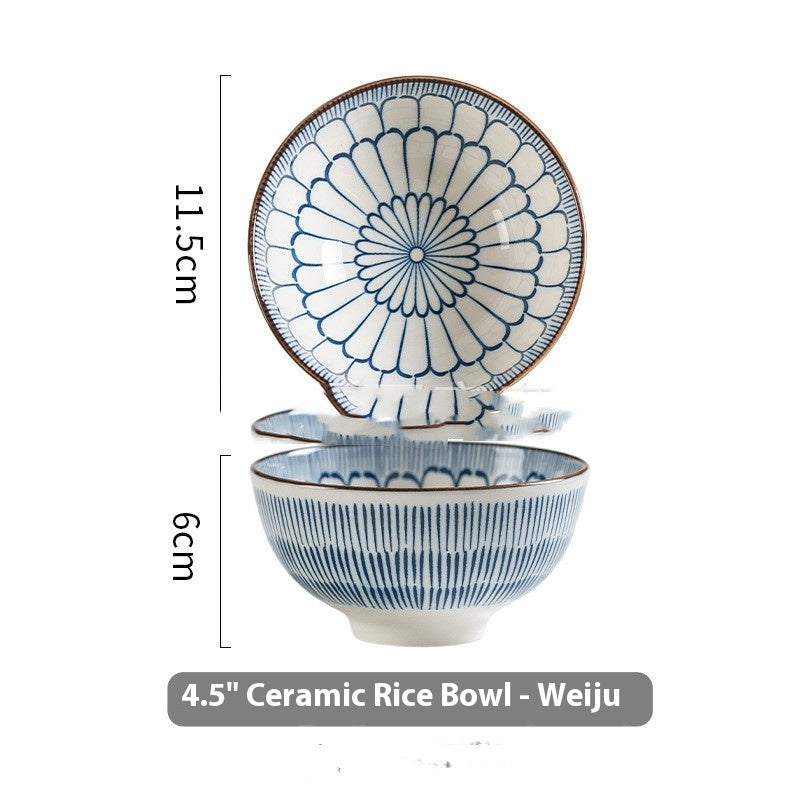 Japanese Ceramic Rice Bowl Underglaze Porcelain Kitchen Tableware Set