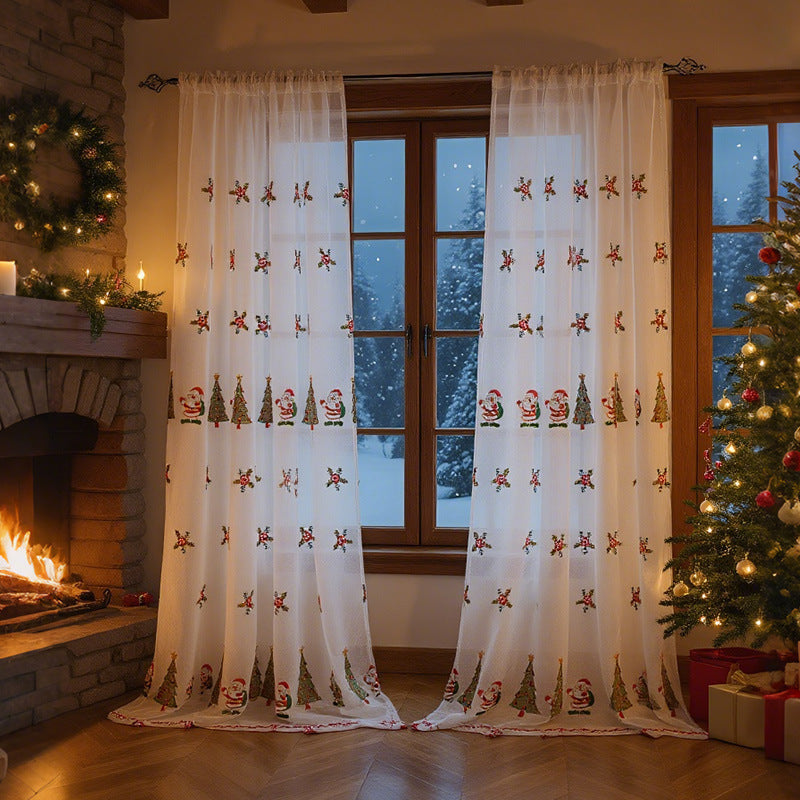 Christmas Tree Embroidery Curtain Set - Holiday Holiday Decor