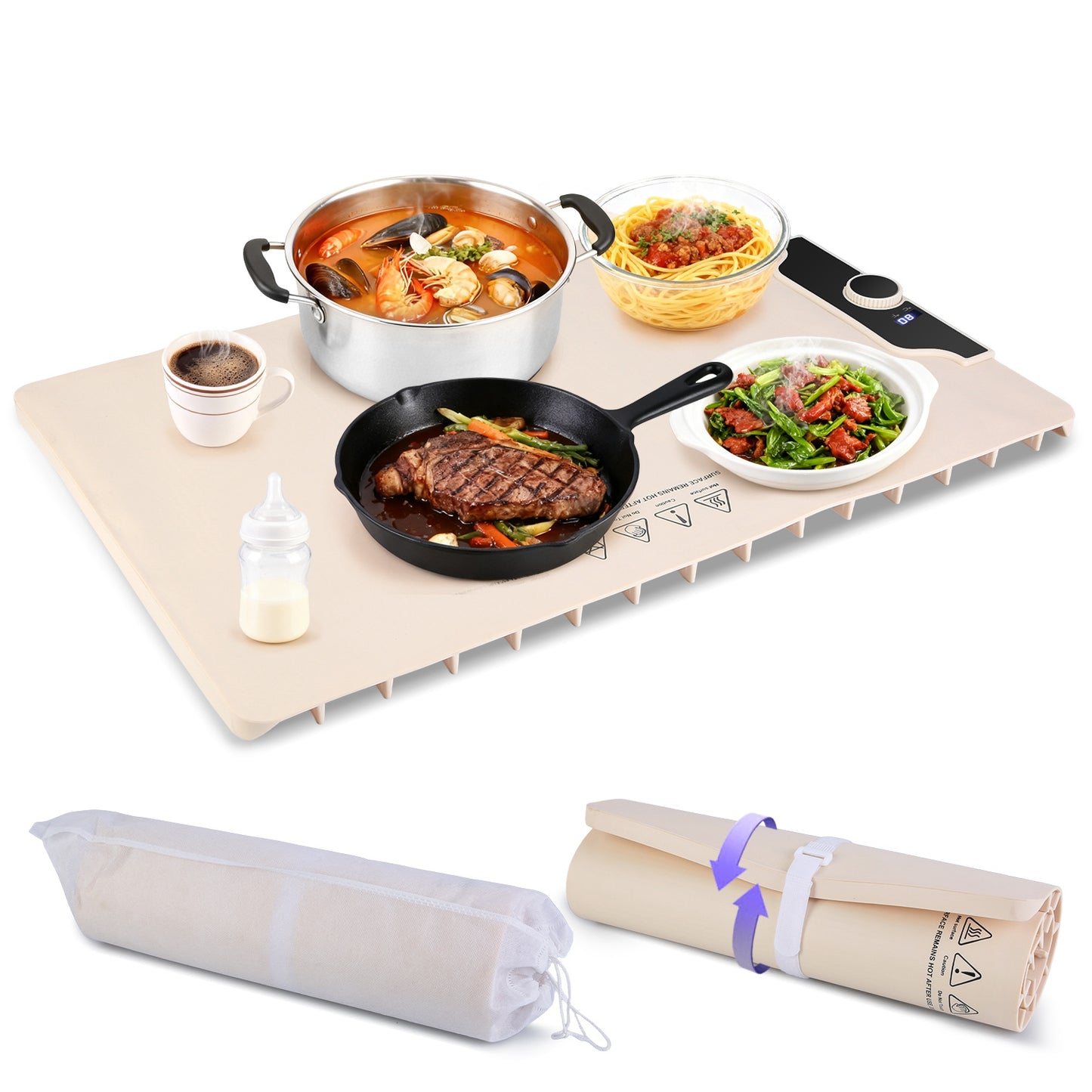 Portable Food Warming Mat 23.6x15.8in 300W Electric Silicone Food Warmer with 14 Temperature Levels & 10H Timer - Beige