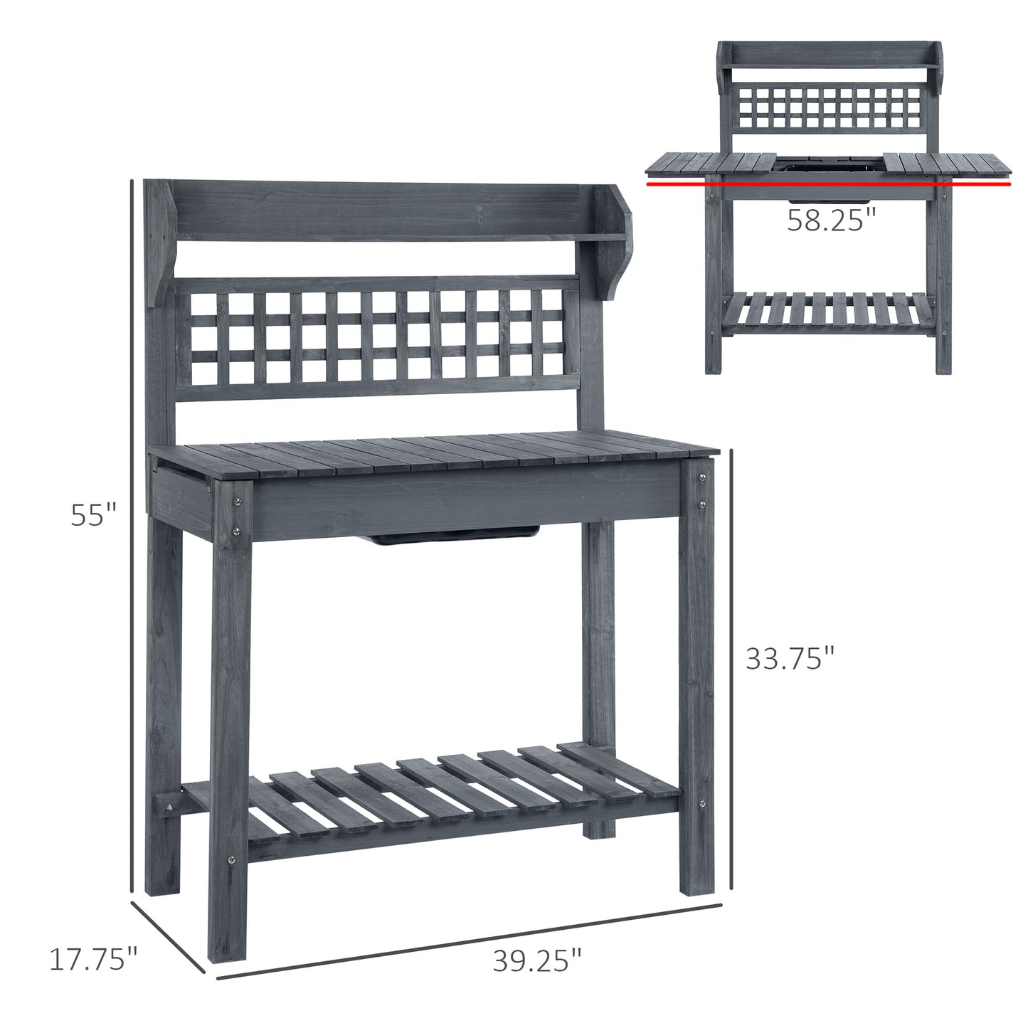 Wooden Garden Potting Bench Work Table with Hidden Storage and Sliding Top - Gray