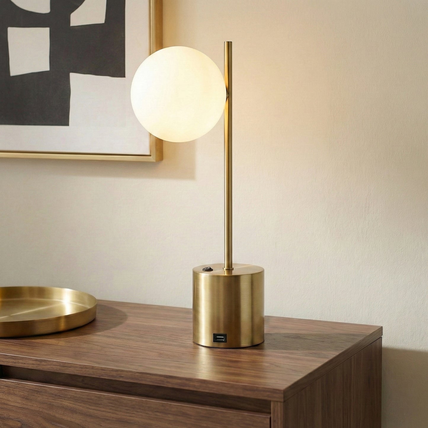 Ethereal Modern Small Brass Metal Table Lamp With White Glass Globe