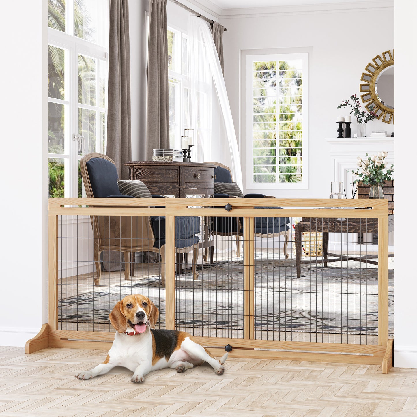 Extra Wide Freestanding Pet Gate for Dogs and Cats, Adjustable Wooden Barrier
