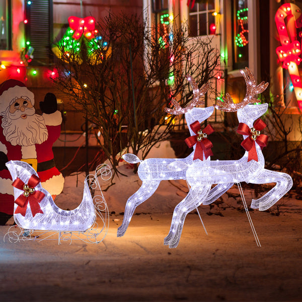 Lighted Reindeer & Sleigh Set - 270 White LEDs Christmas Decoration