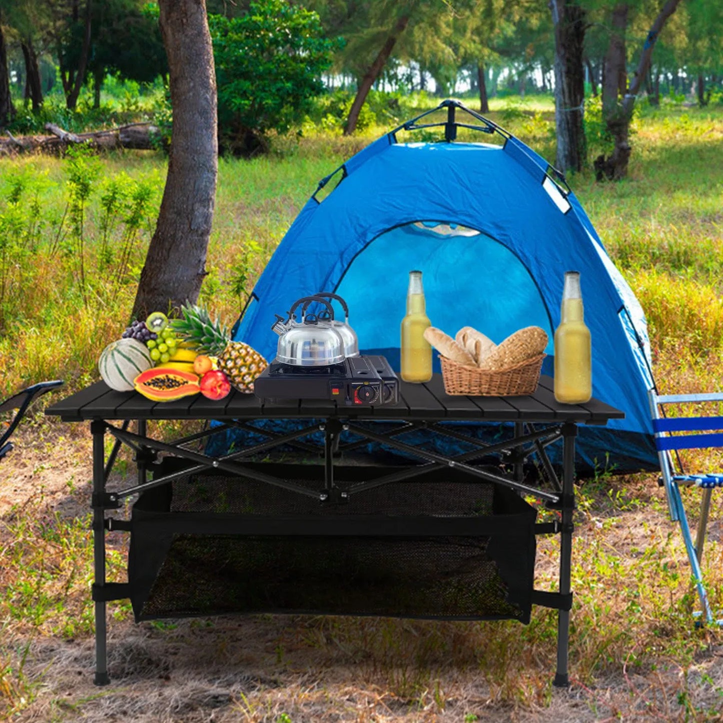 Foldable Camping Table - 220 Lb Capacity with Mesh Basket - Black