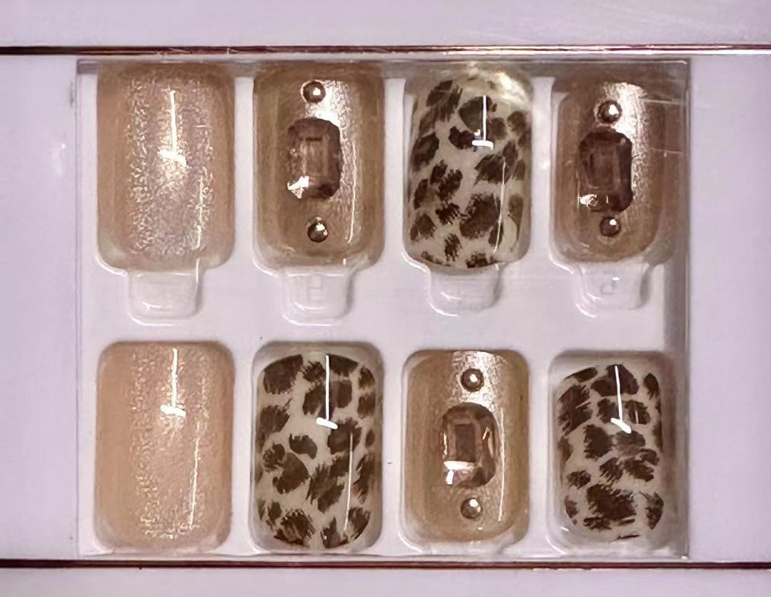 Leopard Print Press-On Nails with Shimmer and Gem Details - 10 Piece Set