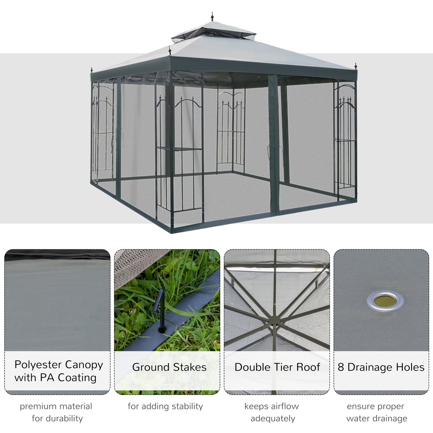 118" Steel Outdoor Patio Gazebo Canopy with Mesh Curtains & Shelves - Gray