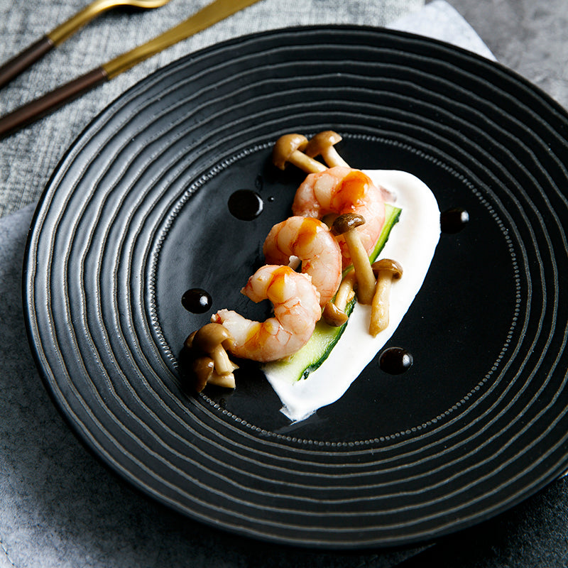 Porcelain Flat Pasta Plate - Nordic Style Black Meteor Shower 8-11 Inch