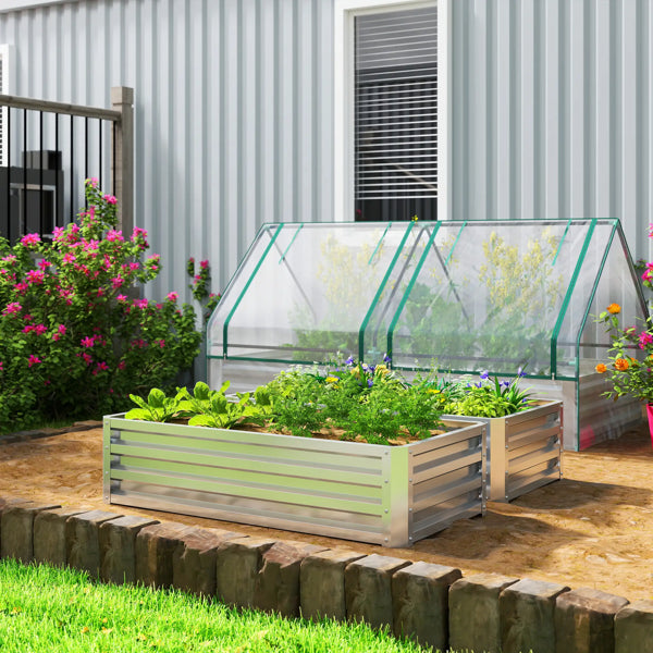 Raised Garden Bed with PE Greenhouse - Galvanized Steel, 47.25" x 23.5"