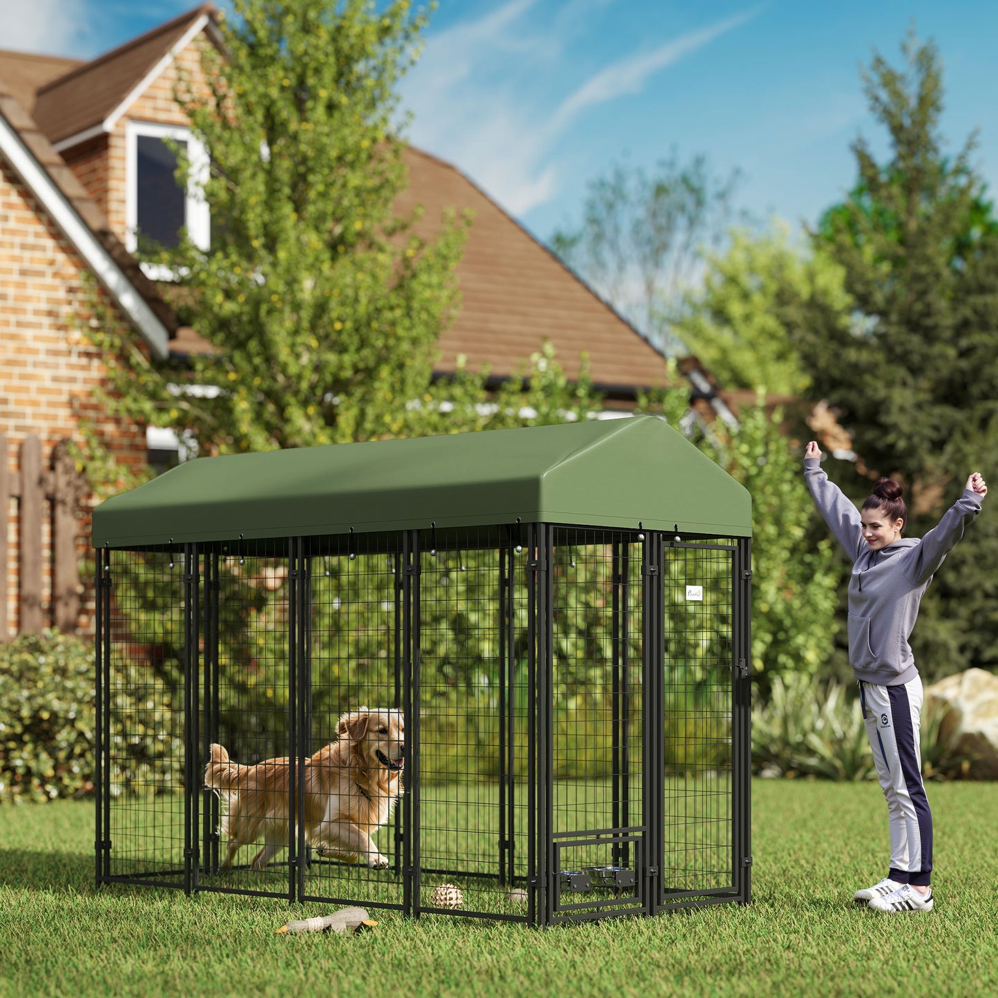 Large Outdoor Dog Kennel with Rotating Bowl Holders and Waterproof Cover, Green, 8x4x6 ft