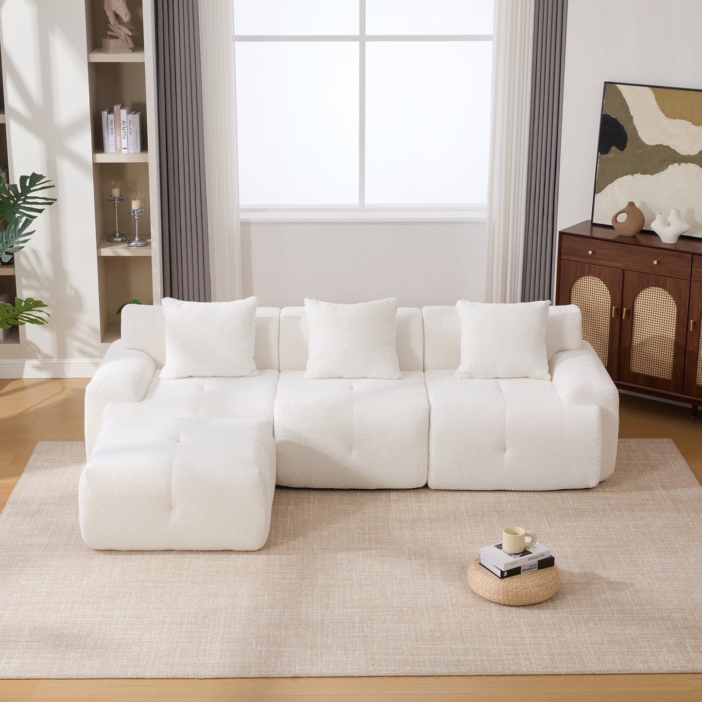 L-Shaped Modular Sectional Sofa Set - Ivory 4-Piece Couch with Ottoman