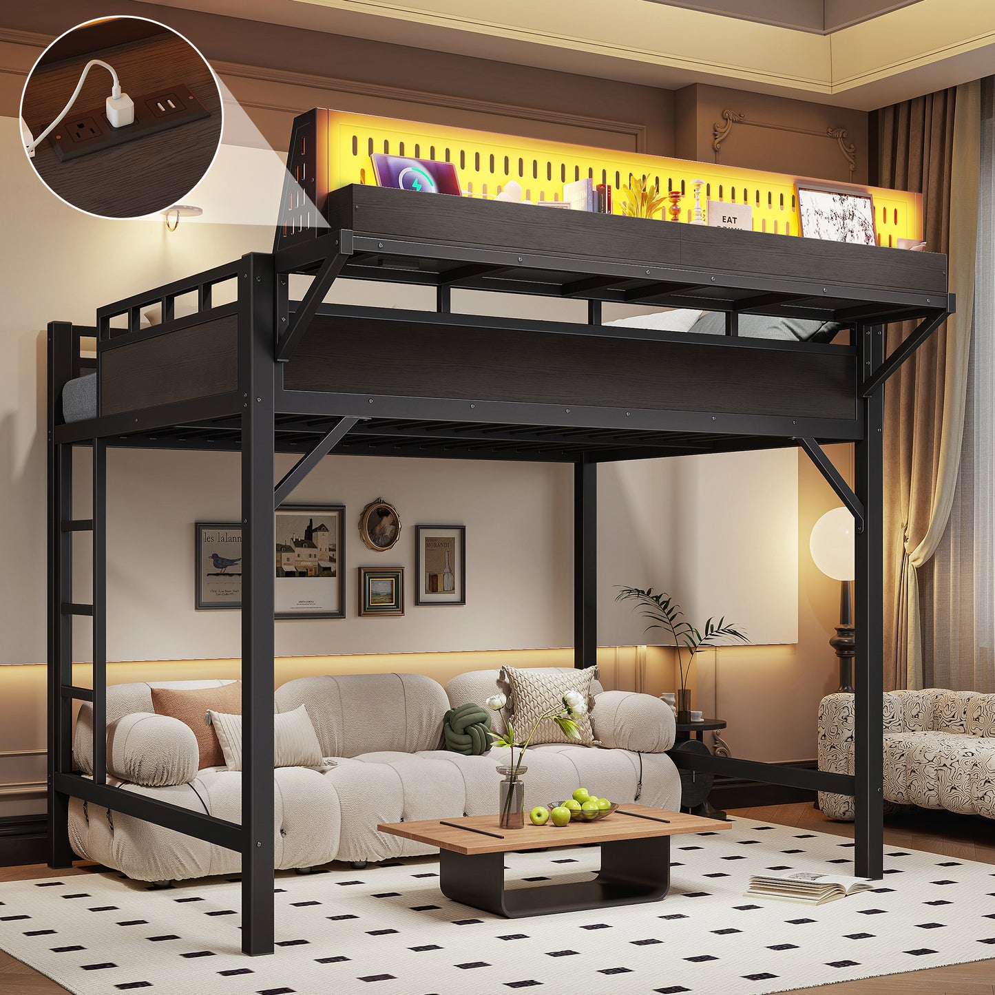 Full Size Metal Loft Bed Frame with Storage Shelves & USB Ports