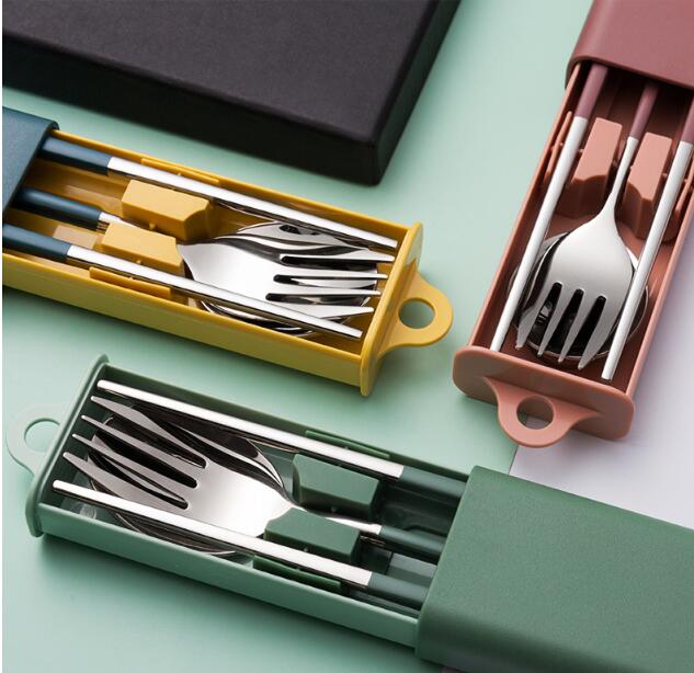 Stainless Steel Portable Tableware Set with Fork Spoon Chopsticks & Storage Box