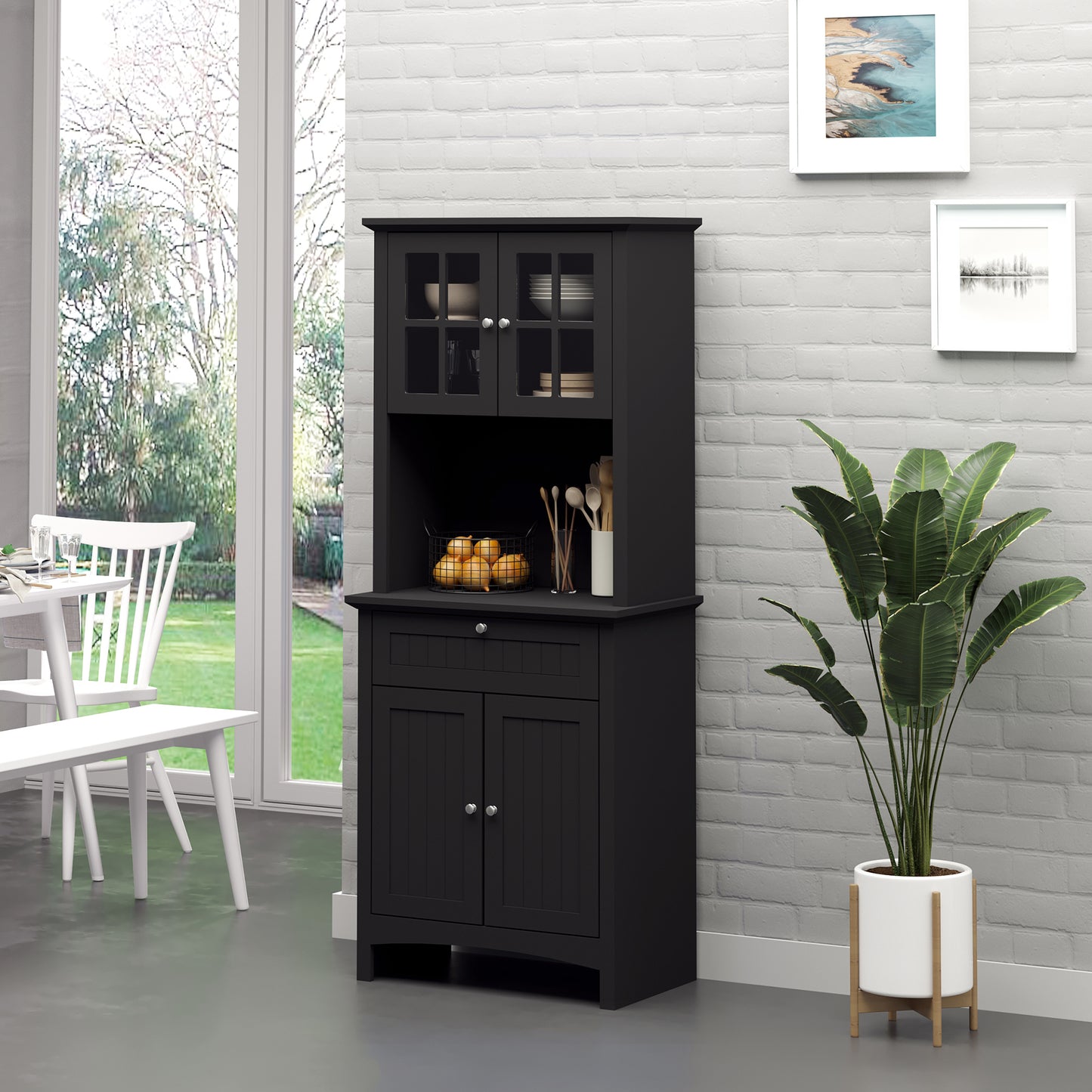 Elegant Kitchen Pantry Storage Cabinet with Hutch - Black