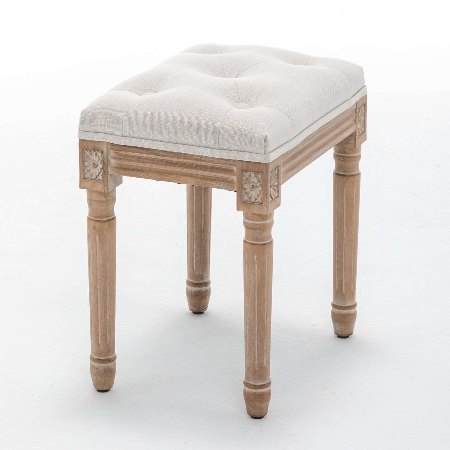 Tufted Vanity Stool with Linen Upholstery and Solid Wood Legs - Beige