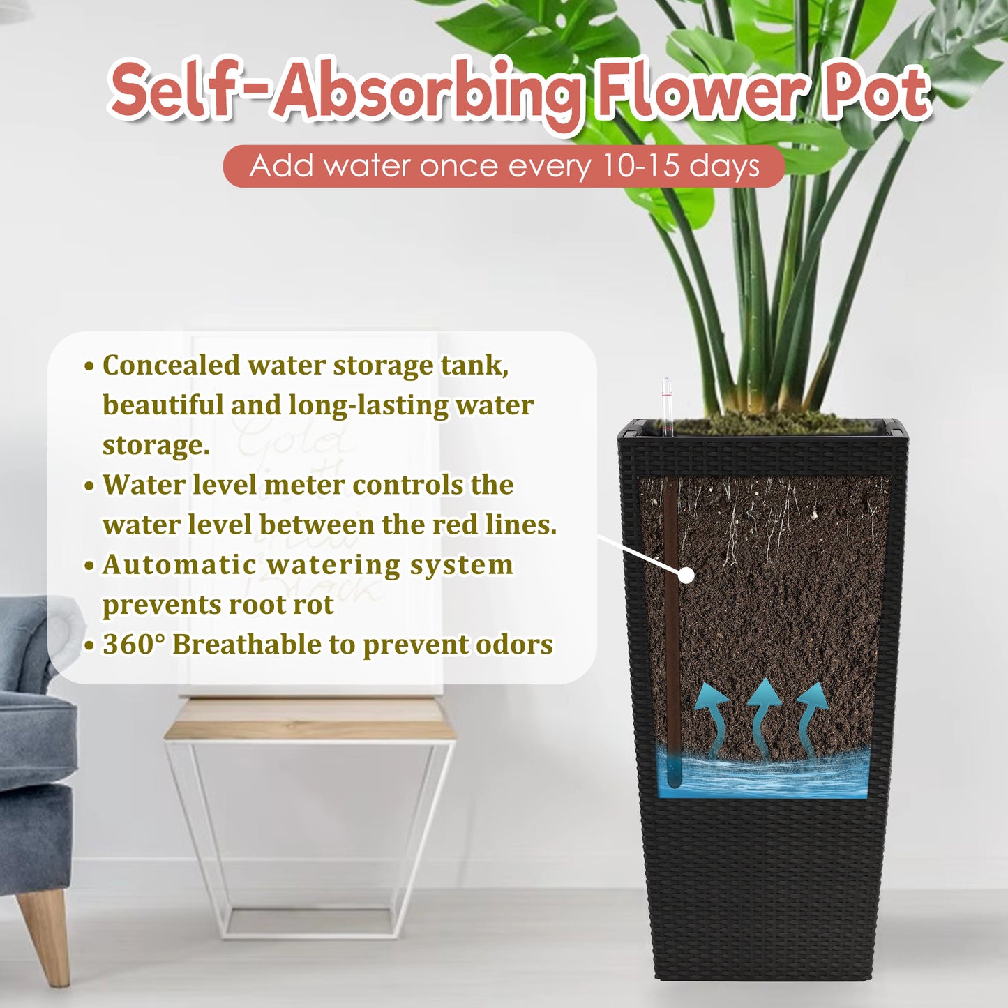 30 In Tall Large Flower Pots Planter With Self-Watering Drainage