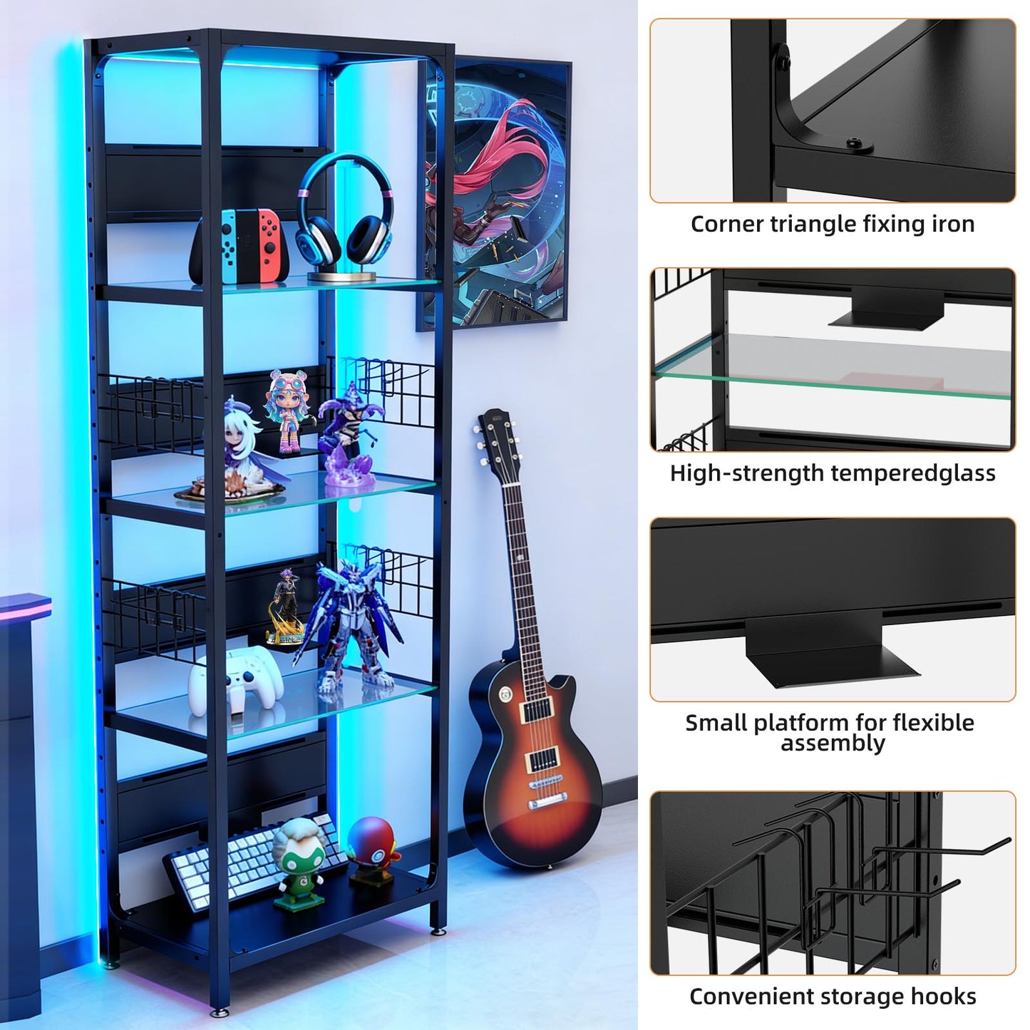 4-Tier Glass Display Shelf with RGB Lights - Black