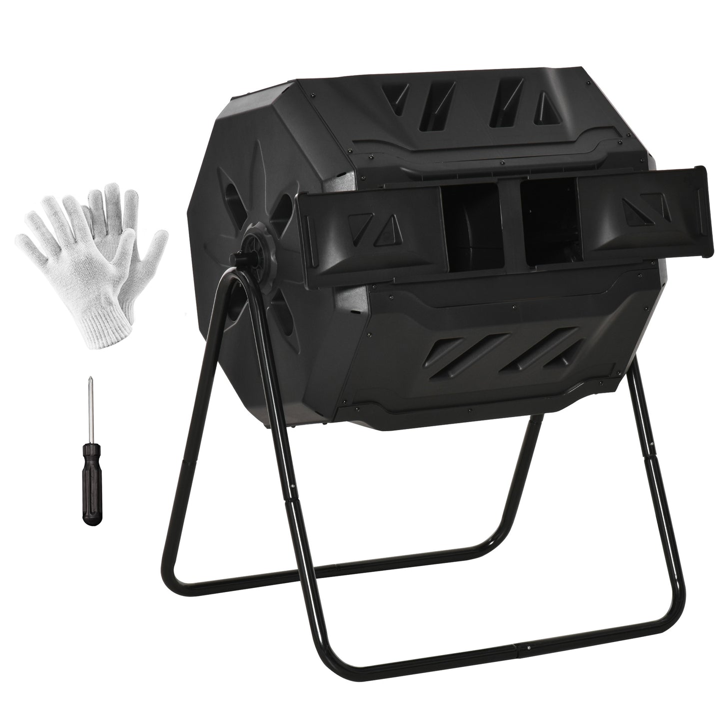 Outdoor 360° Rotating Compost Bin 43 Gallon Dual Chamber Garden Tumbler Black