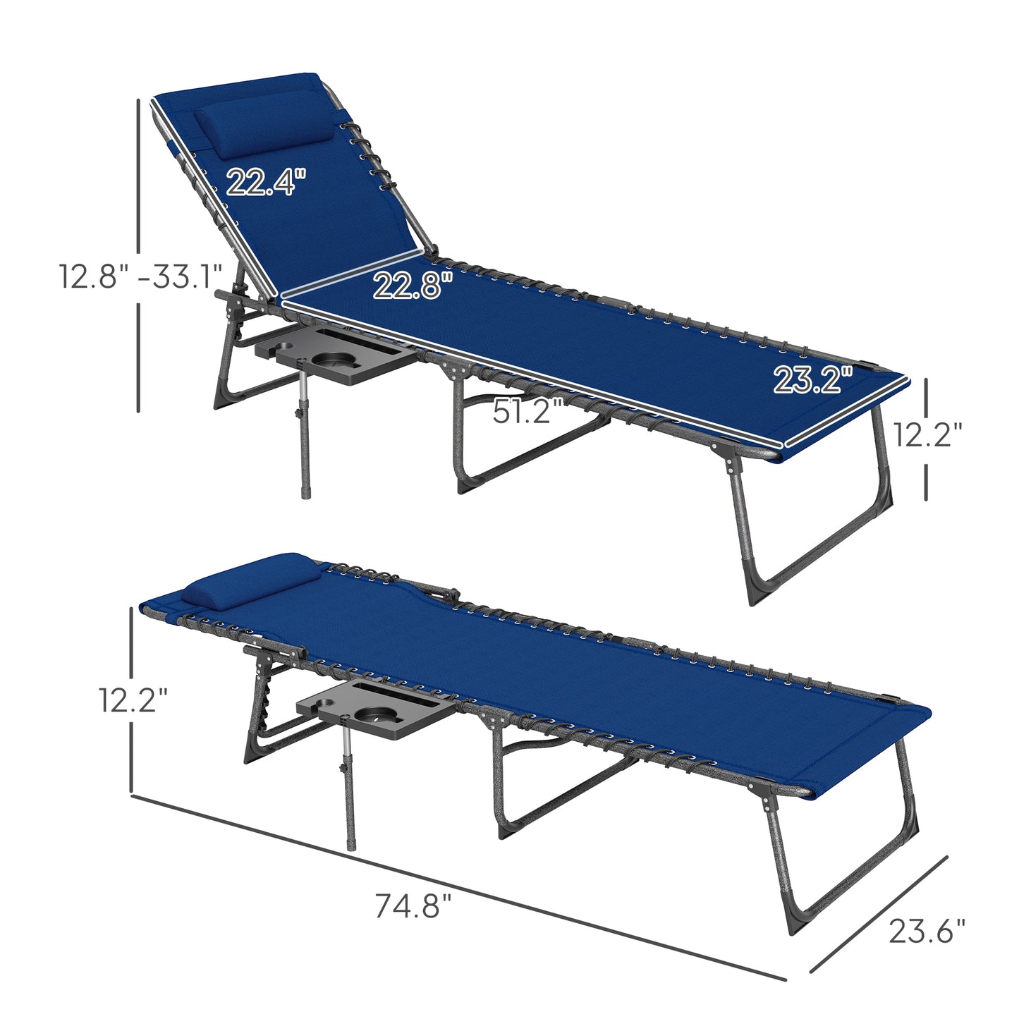 Folding Outdoor Chaise Lounge Chair with Adjustable Back and Side Table - Dark Blue