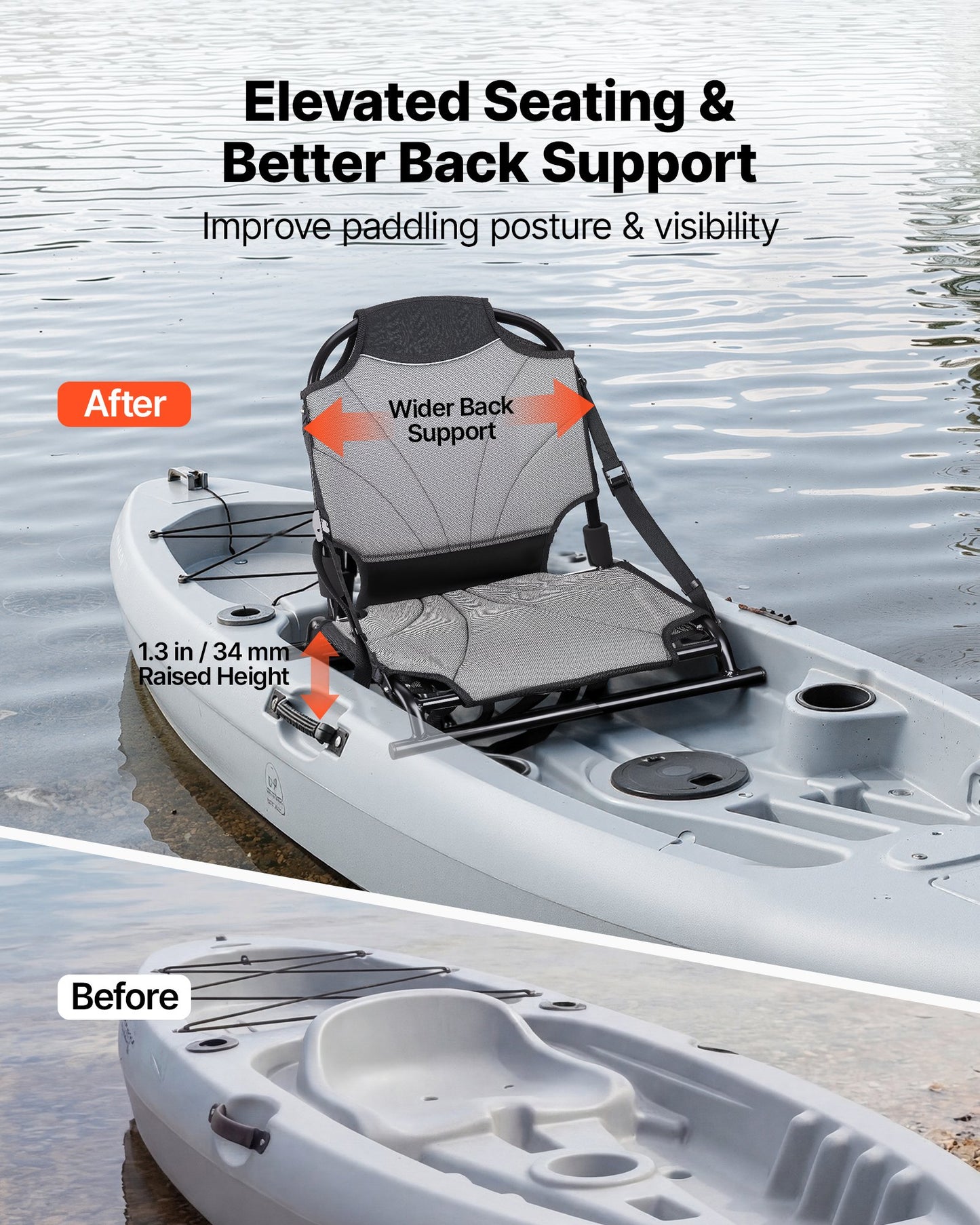 Universal Foldable Kayak Seat with Back Support and Adjustable Straps - Black