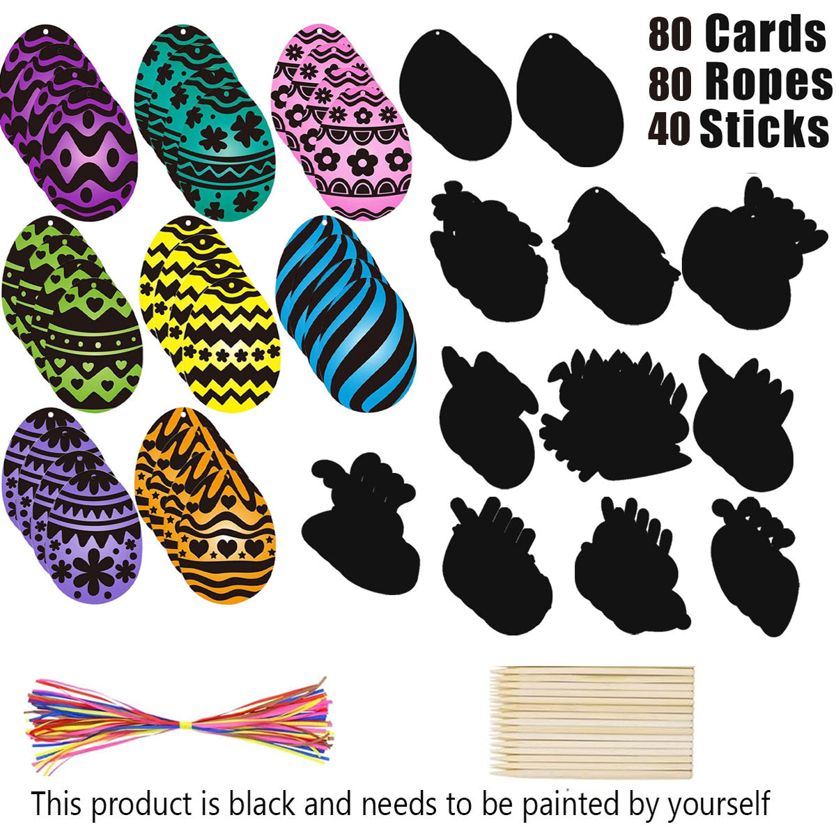 80 Pcs Easter Scratch Art Set - Paper Ornaments with Ropes & Sticks