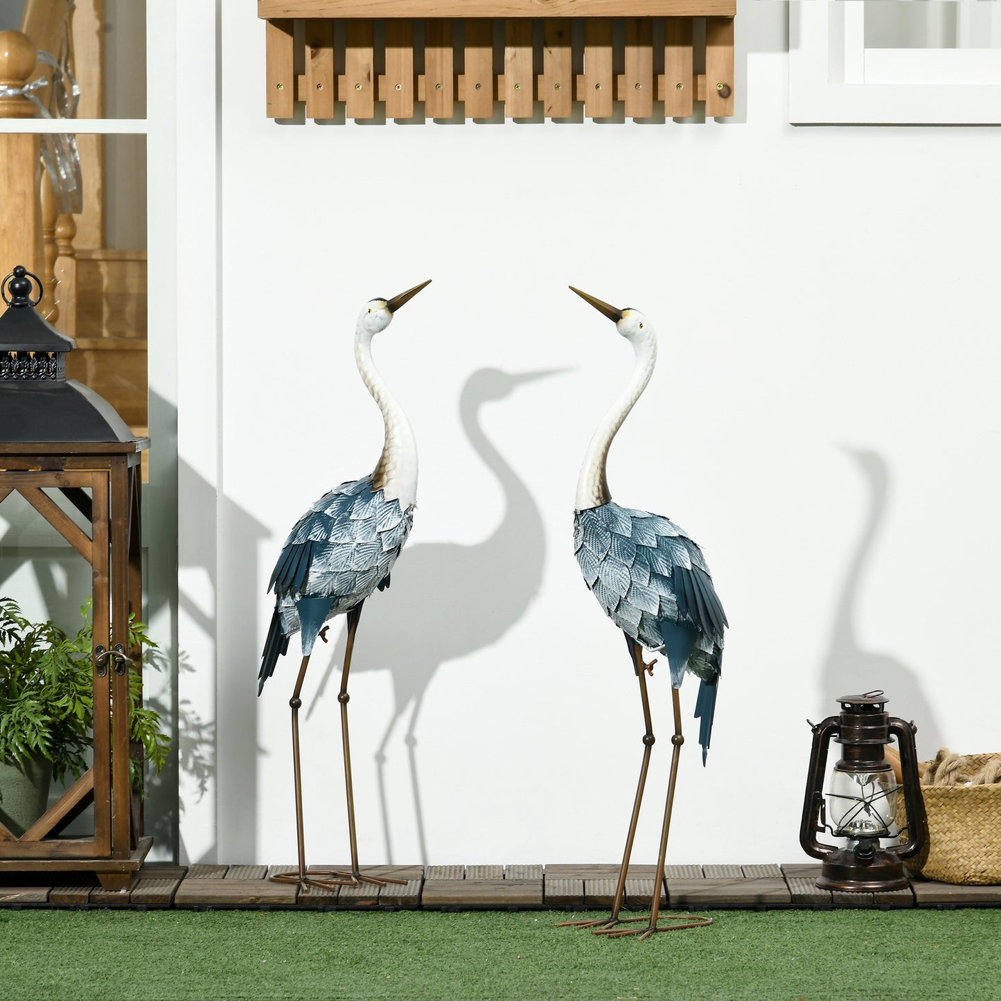 Crane Garden Statues Set - 29" & 28.5" Metal Bird Sculptures - Blue