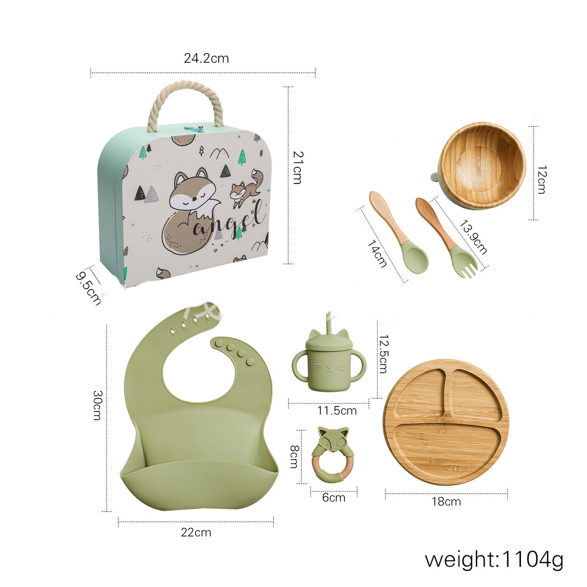 Baby Food Tableware Set Silicone Bib Plate Straw Cup Fork Spoon Kids Dining Kit