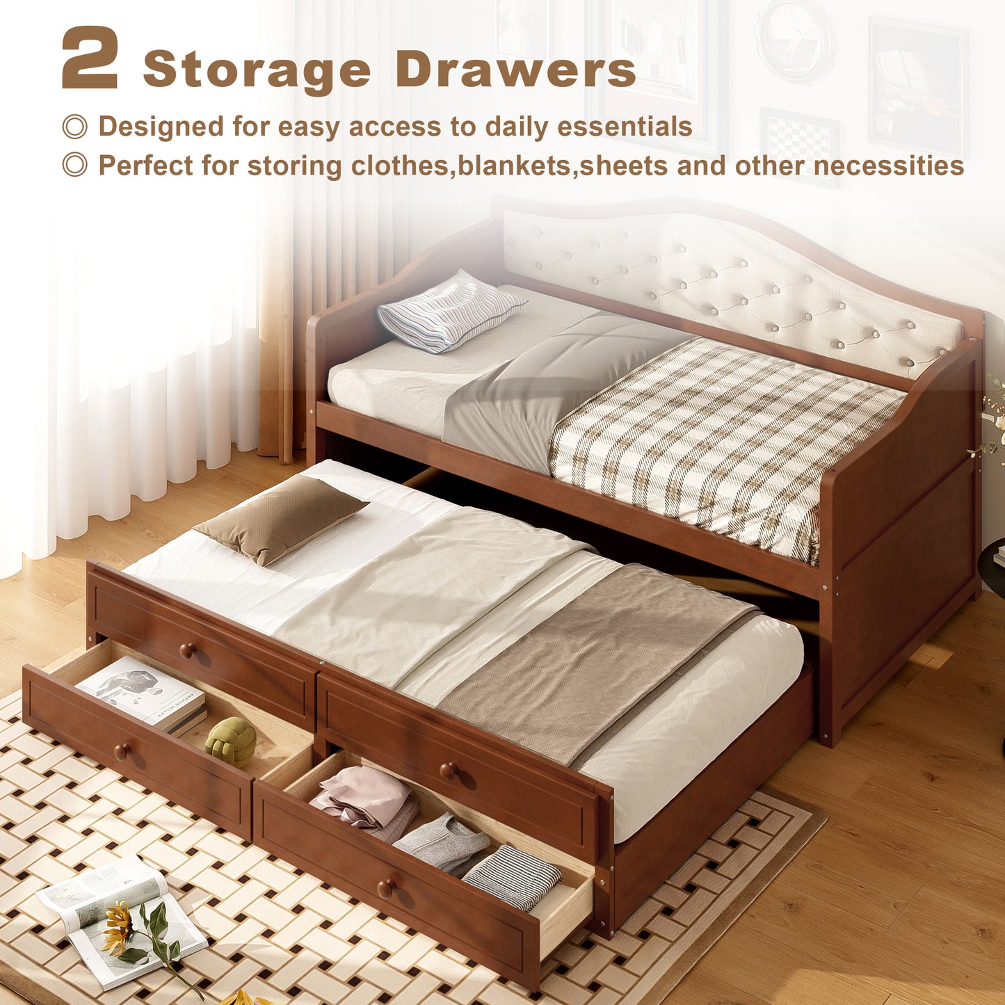 Twin Daybed With Trundle, Size 2 Storage Drawers, Wooden Sofa Bed