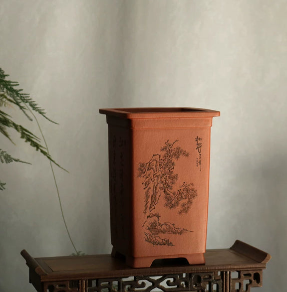 Hand-Carved Scepter-Shaped Pottery Vase in Zisha Clay - Home Decor
