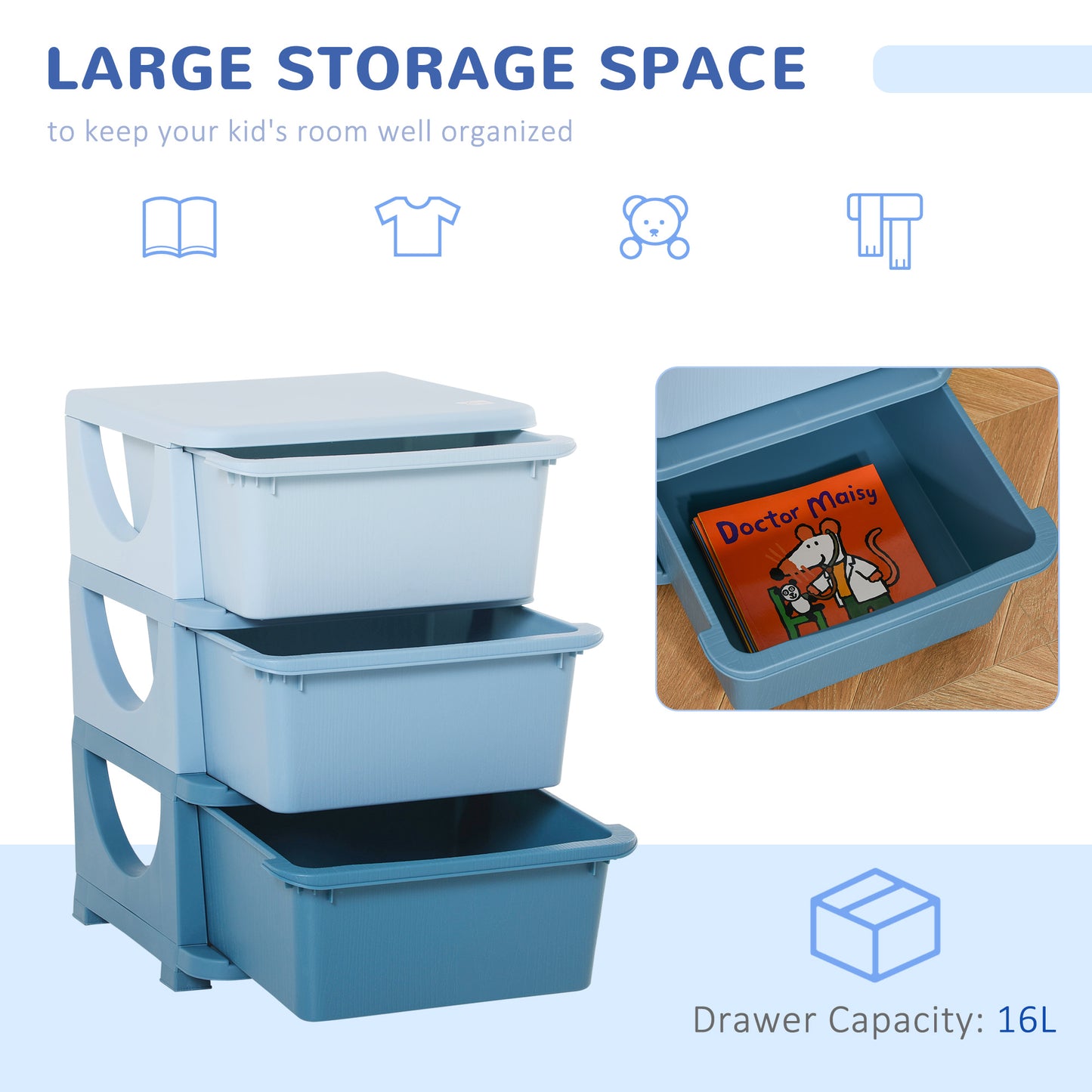 3 Tier Kids Toy Storage Organizer With Drawers, Blue, Chest For