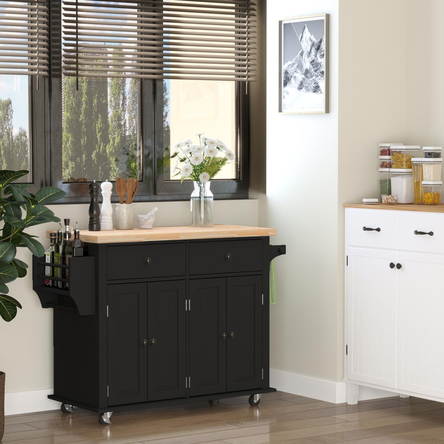 44" Mobile Kitchen Island Cart with Storage - Black