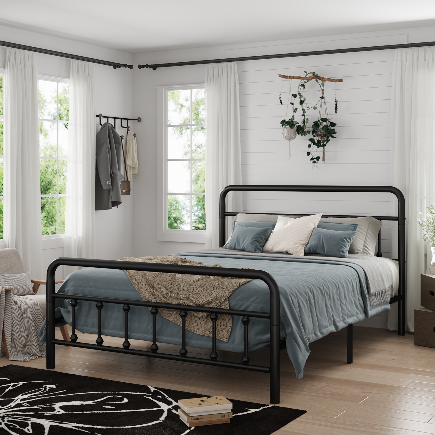 Full Size Metal Bed Frame with Headboard and Under Bed Storage - Black