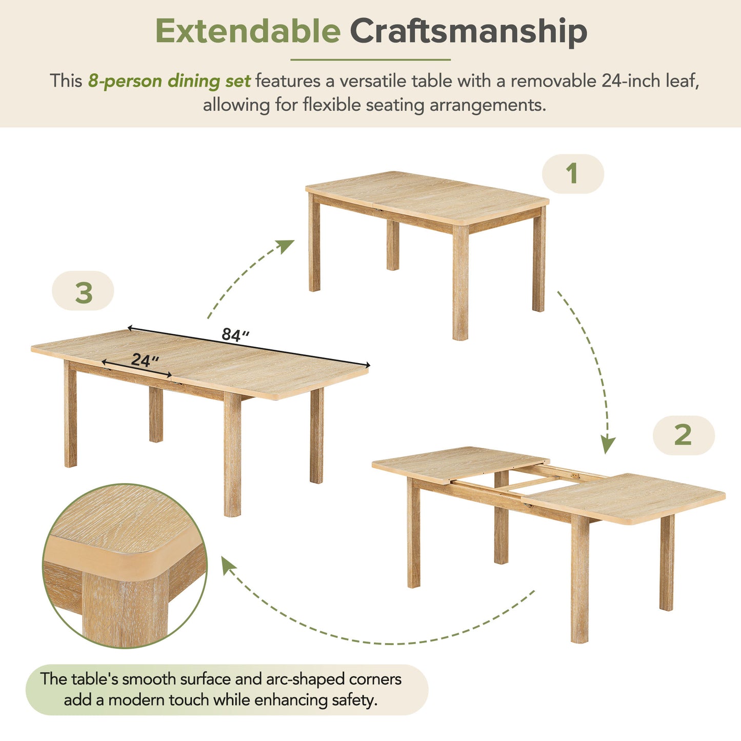 Rustic Extendable Dining Table Set with 8 Chairs - Natural Grey