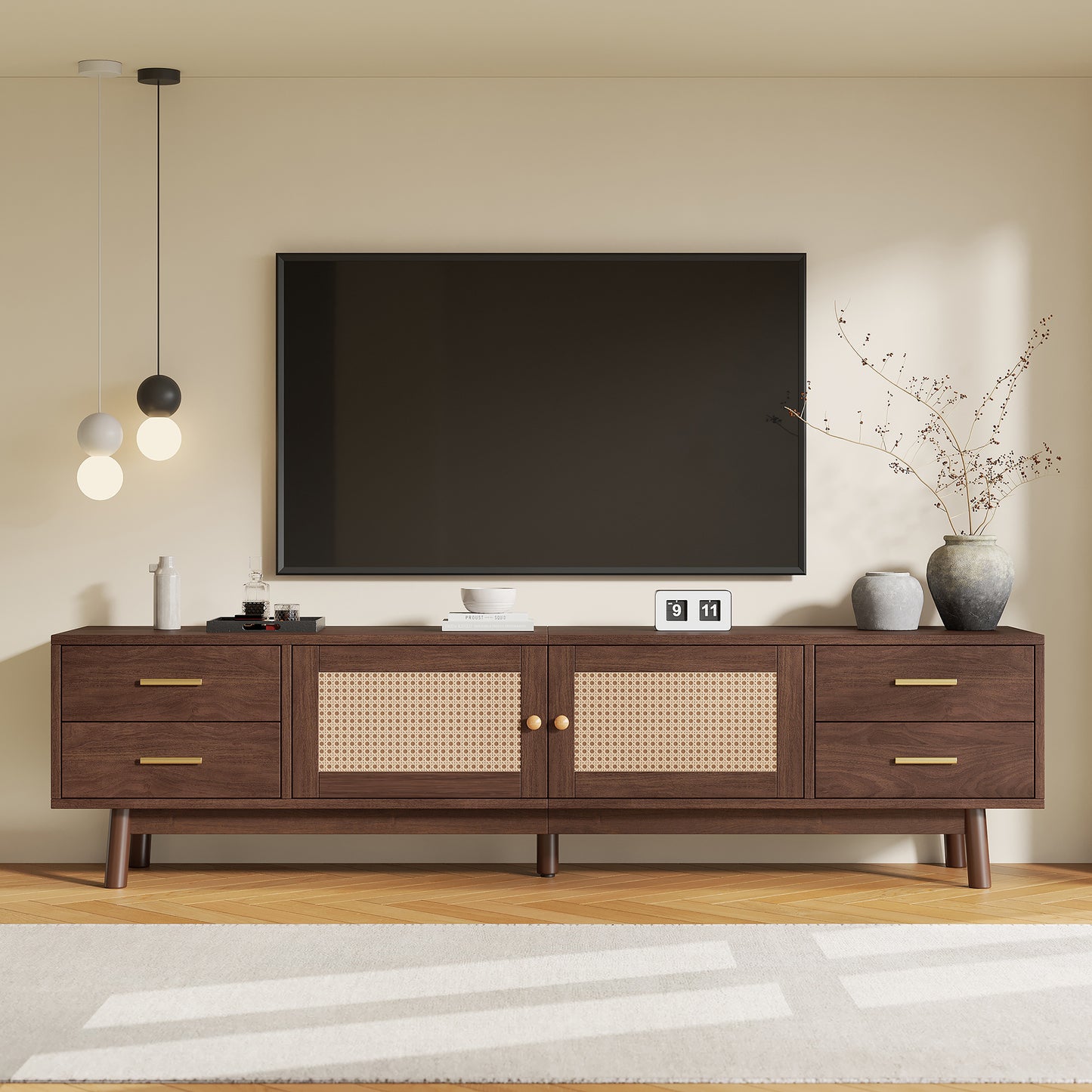 70inch Modern TV Stand With Rattan Doors For TVs Up To 80 , Media