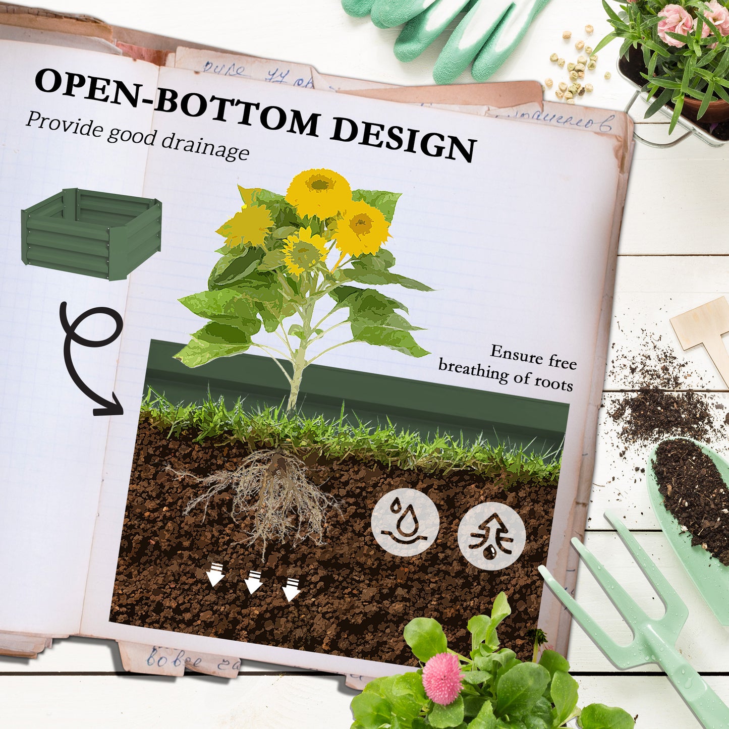 Galvanized Raised Garden Bed with Tomato Cage - 24x24x55 inches, Green