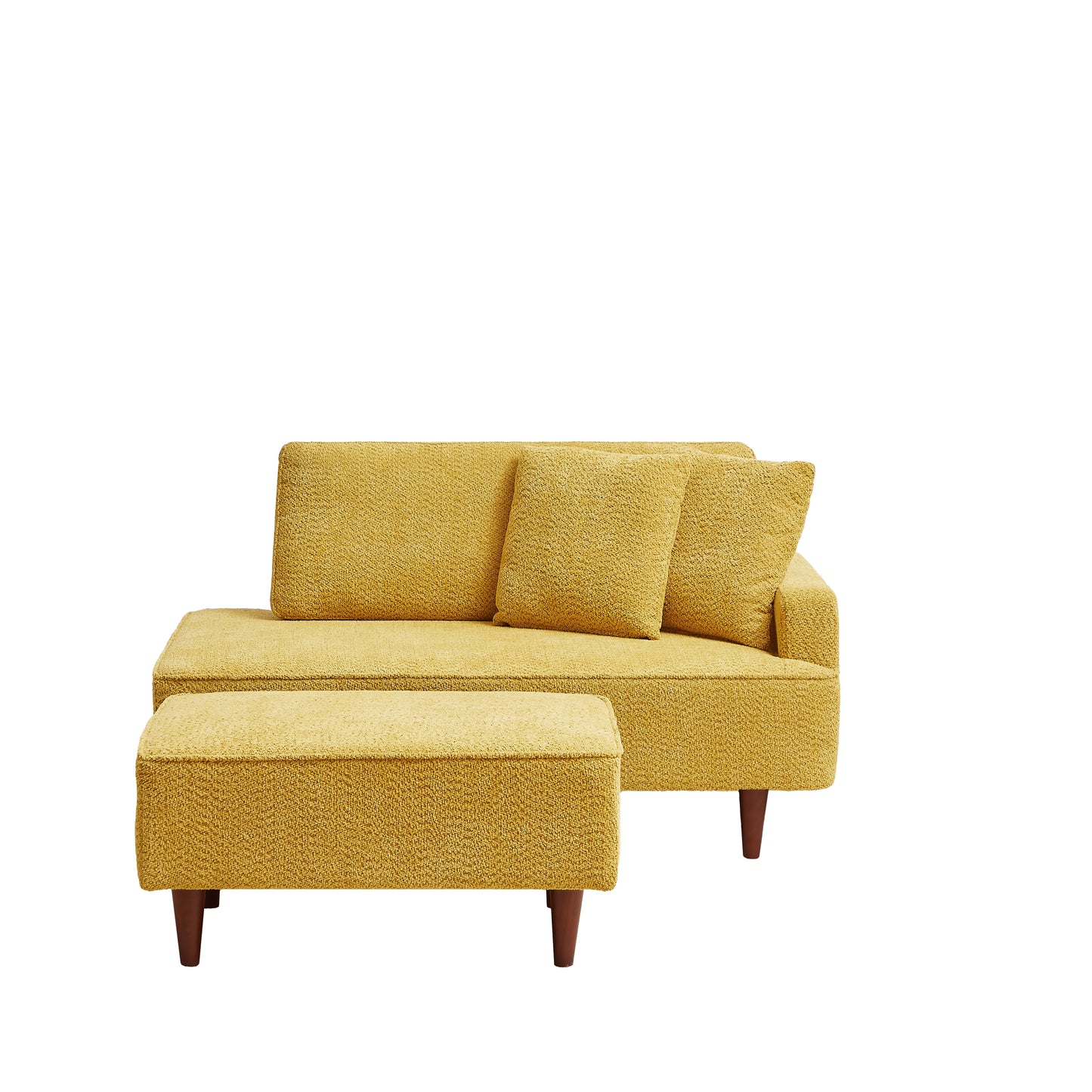 Yellow Boucle Upholstered Chaise Lounge Chair with Ottoman & Pillows