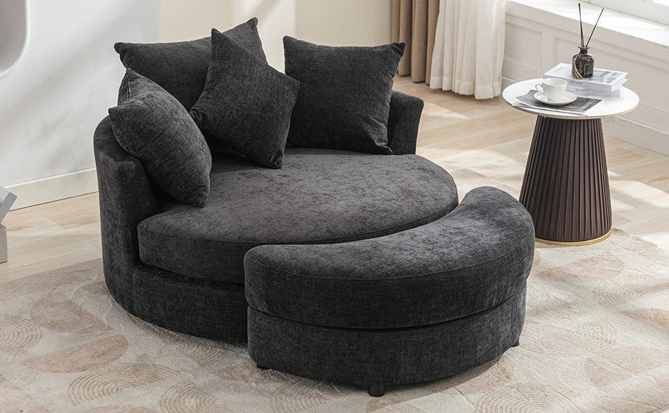 360° Swivel Accent Barrel Chair with Storage Ottoman & 4 Pillows - Gray
