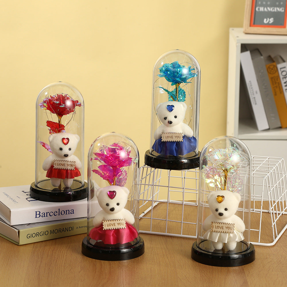 Rose Bear Preserved Flower Glass Cover with LED Light Valentine's Gift