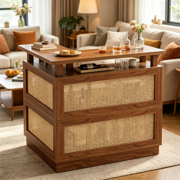 L-Shaped Rattan Bar Table with Storage - Vintage Brown