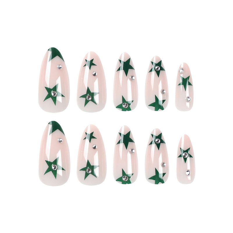 Long Press-On Nail Tips - Green Star Design, 24 Piece Set