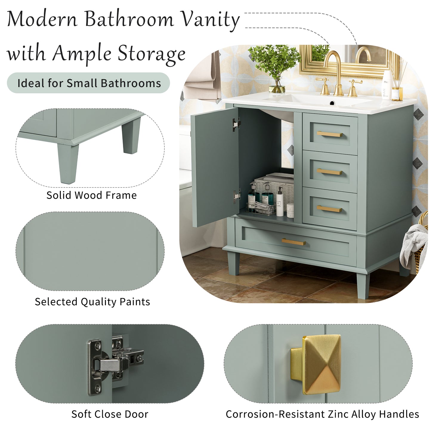 30-Inch Modern Bathroom Vanity Set with Sink & 3 Drawers - Sage Green