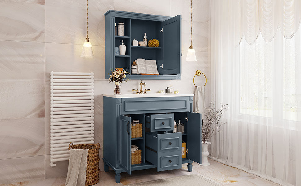 36'' Modern Bathroom Vanity with Blue Sink & Mirror Cabinet