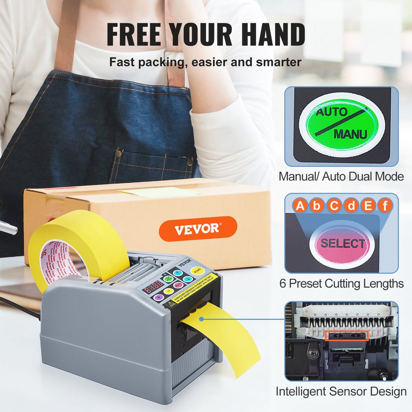 Automatic Tape Dispenser Electric Tape Cutter for Packaging 6-60mm Width - Grey
