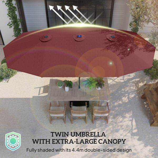 Beach Umbrella with Solar LED Light - Wine Red Double Canopy