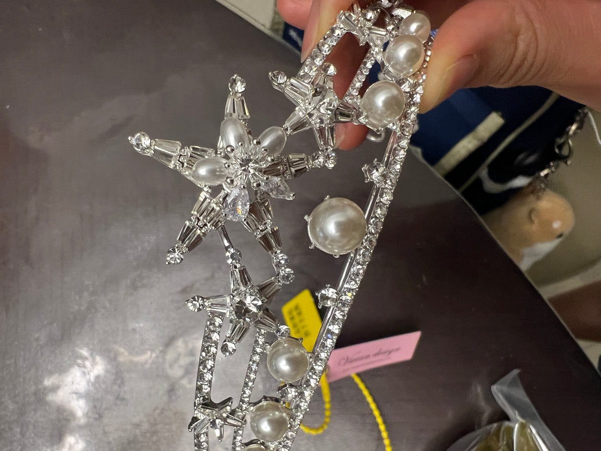 Pearl Rhinestone Crown Headband - Silver