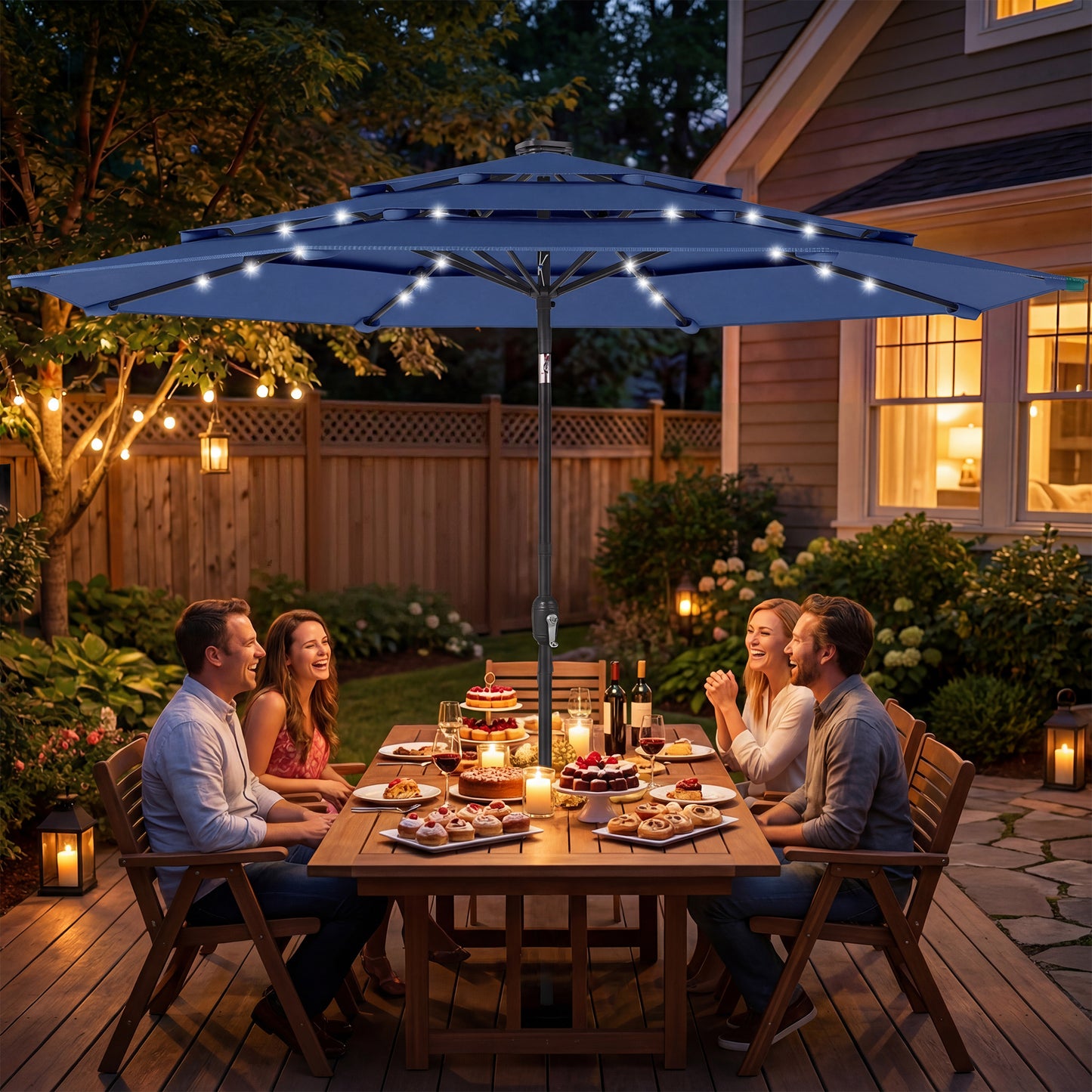 9.7 ft Outdoor Patio Umbrella with Solar LED Lights - Navy Blue