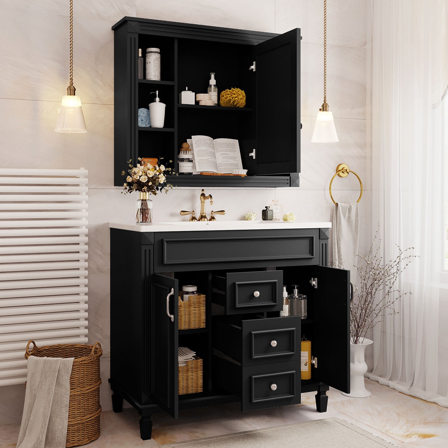 36'' Modern Bathroom Vanity with Black Mirror Cabinet & Sink